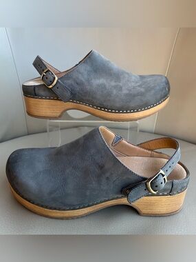 Dansko Slingback Berry Clog Burnished Blue Suede Leather 2" Heel EU38 US8